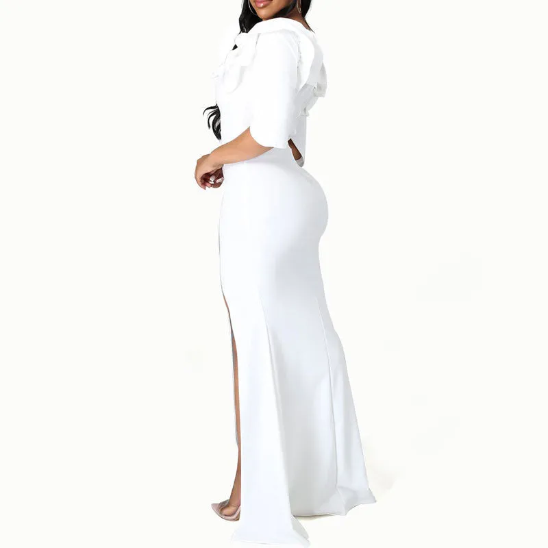 Solid Ruffle Design Short Sleeve High Slit Maxi Dress
