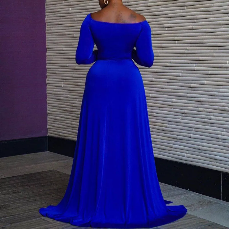 Solid V-Neck Long Sleeve High Slit Maxi Dress