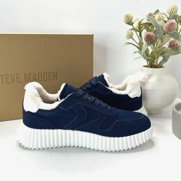 Steve Madden Shereen Suede Sneakers Faux Shearling Navy Women 7.5M NWB