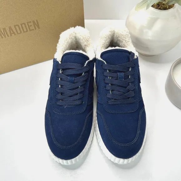 Steve Madden Shereen Suede Sneakers Faux Shearling Navy Women 7.5M NWB