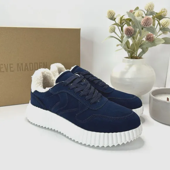 Steve Madden Shereen Suede Sneakers Faux Shearling Navy Women 7.5M NWB