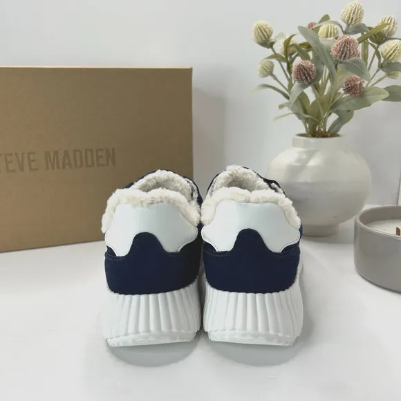 Steve Madden Shereen Suede Sneakers Faux Shearling Navy Women 7.5M NWB