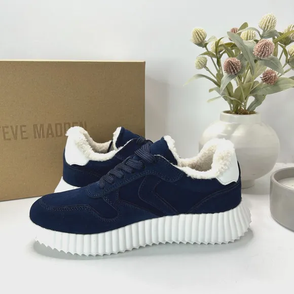 Steve Madden Shereen Suede Sneakers Faux Shearling Navy Women 7.5M NWB