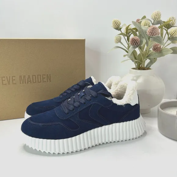 Steve Madden Shereen Suede Sneakers Faux Shearling Navy Women 7.5M NWB