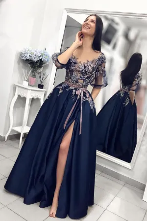 Stylish A Line Round Neck Deep Blue Satin Mid Sleeve Slit Long Lace Prom Dress With Sash OHC419