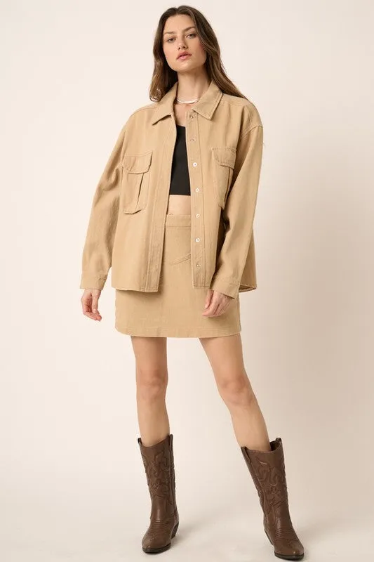 Tan Zipper Back Twill Mini Skirt