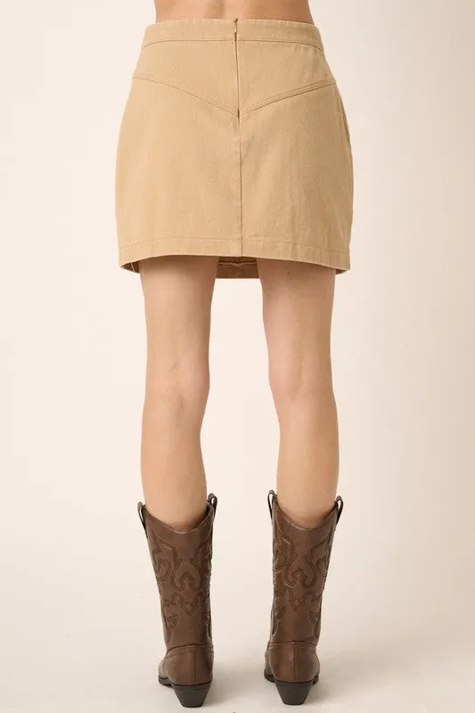 Tan Zipper Back Twill Mini Skirt