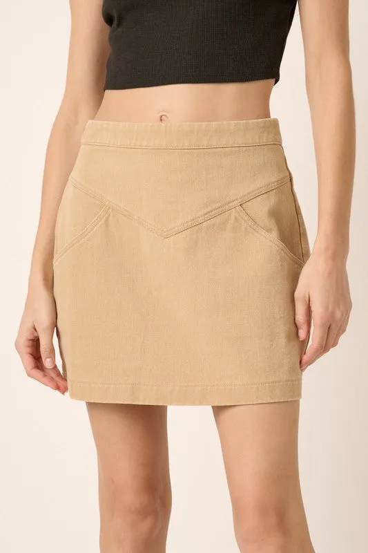 Tan Zipper Back Twill Mini Skirt
