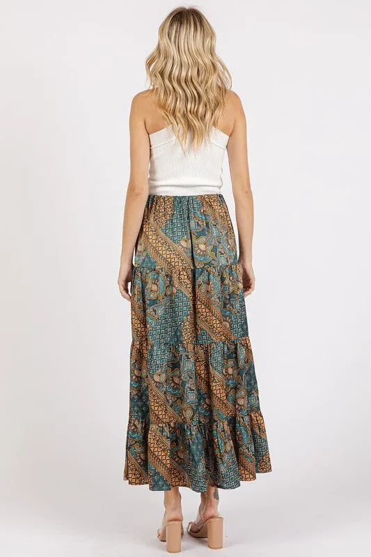 Teal Green Paisley Patchwork Print Satin Maxi Skirt
