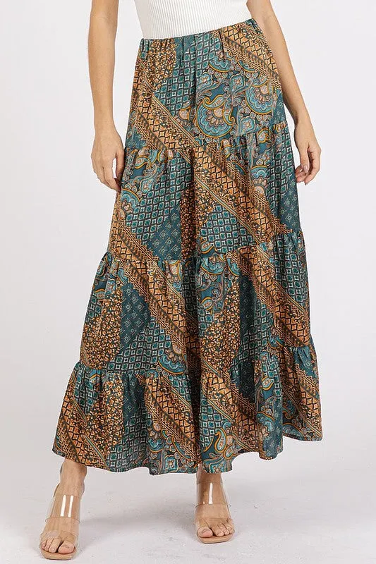 Teal Green Paisley Patchwork Print Satin Maxi Skirt