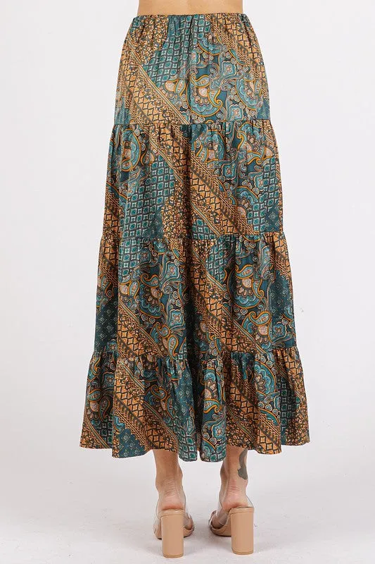 Teal Green Paisley Patchwork Print Satin Maxi Skirt