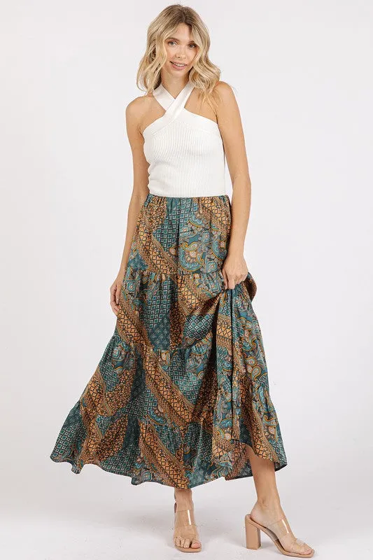 Teal Green Paisley Patchwork Print Satin Maxi Skirt