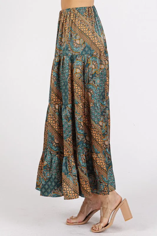 Teal Green Paisley Patchwork Print Satin Maxi Skirt
