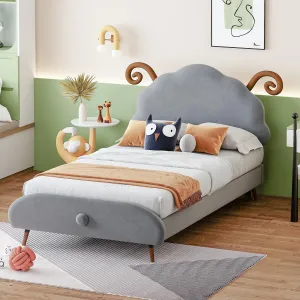 Twin Size Velvet Upholstered Platform Bed with Sheep-Shaped