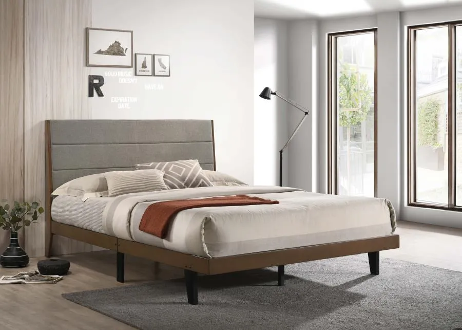 Upholstered Queen Platform Bed in Walnut Brown And Grey