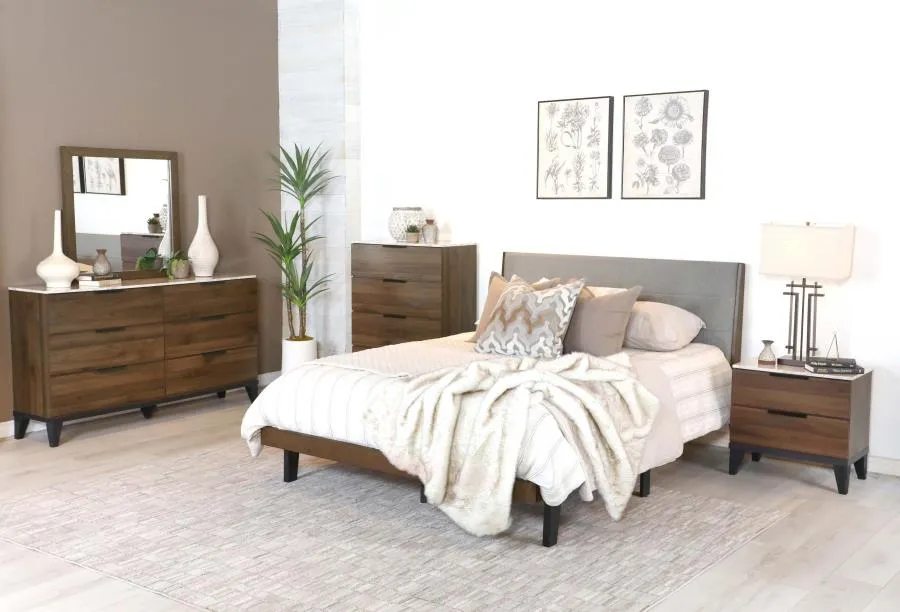 Upholstered Queen Platform Bed in Walnut Brown And Grey