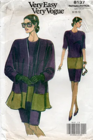 Vogue 8137 Womens Colour Block Dress & Jacket 1990s Vintage Sewing Pattern Size 8 - 12