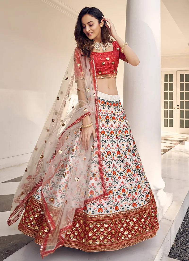 White And Red Embroidery Festive Lehenga Choli