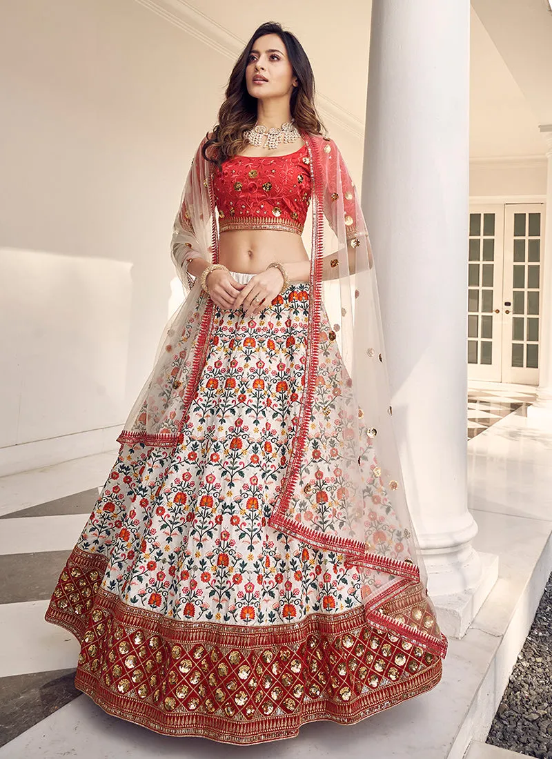 White And Red Embroidery Festive Lehenga Choli