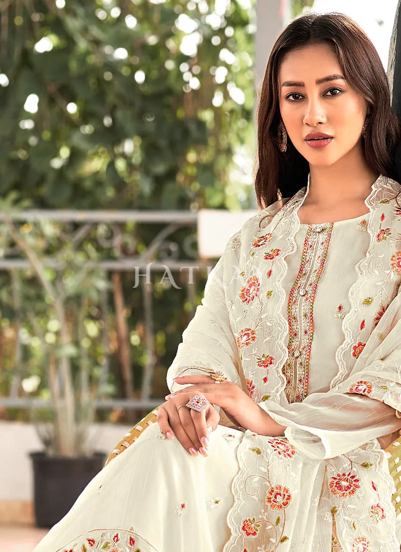 White Floral Embroidered Pakistani Suit