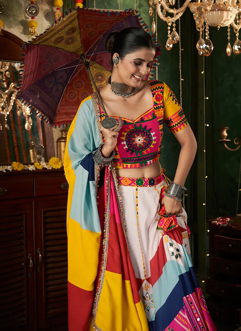 White Multicolored Kutchi Embroidered Rajwadi Chaniya Choli