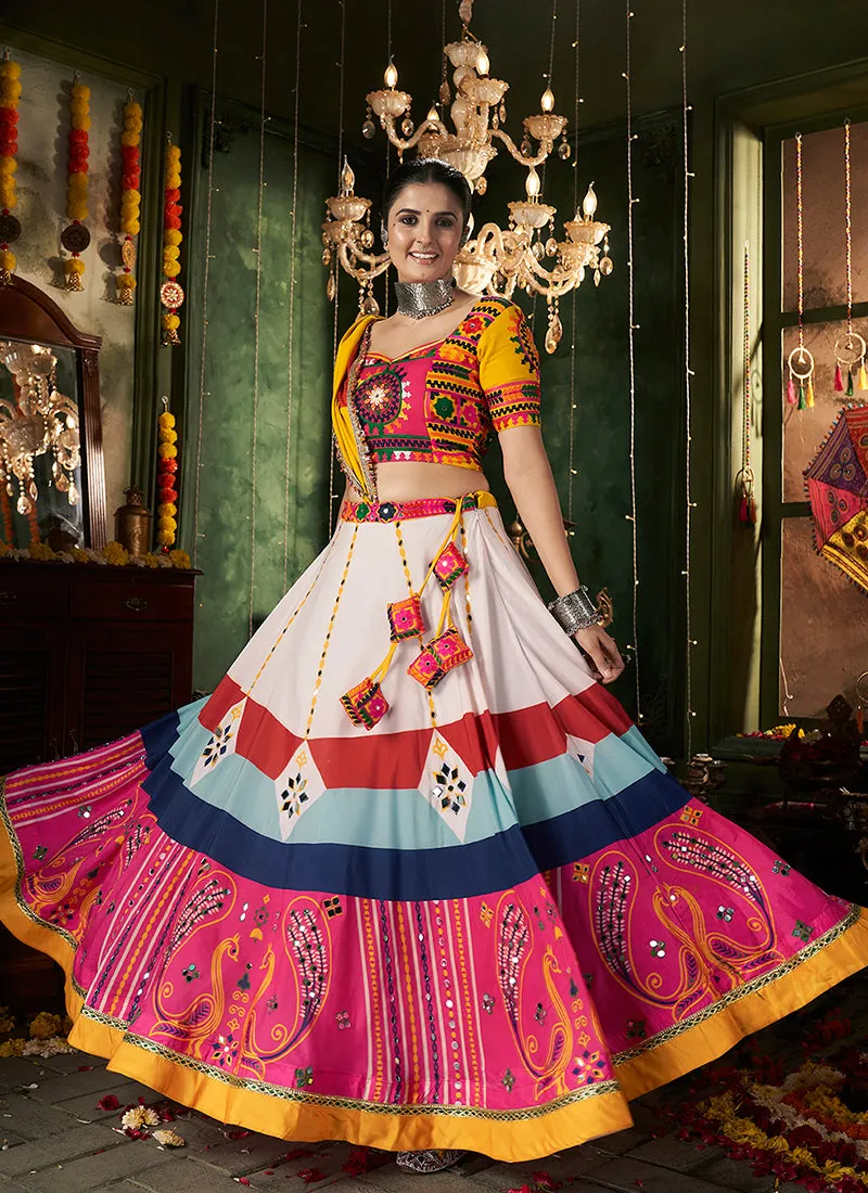 White Multicolored Kutchi Embroidered Rajwadi Chaniya Choli