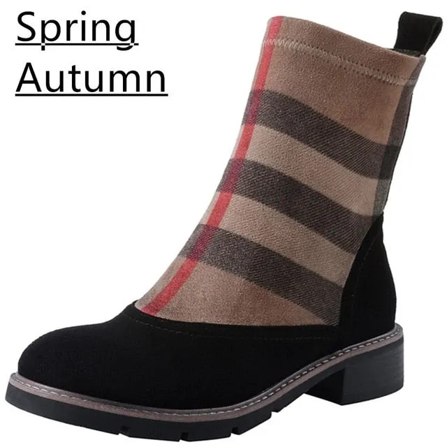 Women Ankle Boots Kid Suede Low Heels 3.5 cm Non Slip Spring Patchwork Platform Striped Lattice Black Female Winter