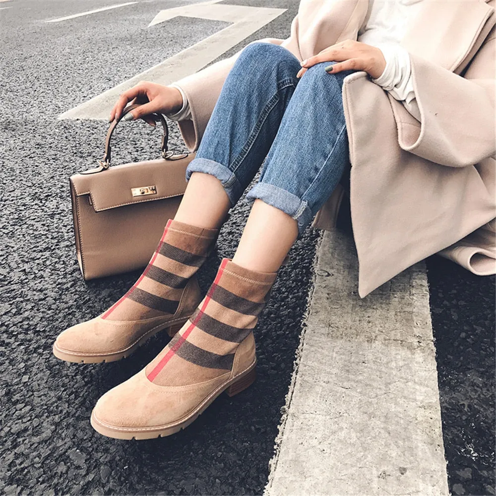 Women Ankle Boots Kid Suede Low Heels 3.5 cm Non Slip Spring Patchwork Platform Striped Lattice Black Female Winter
