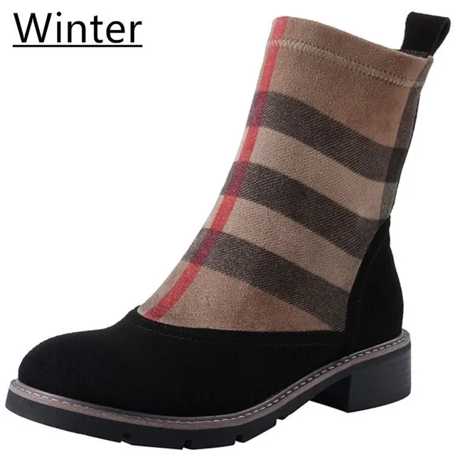 Women Ankle Boots Kid Suede Low Heels 3.5 cm Non Slip Spring Patchwork Platform Striped Lattice Black Female Winter