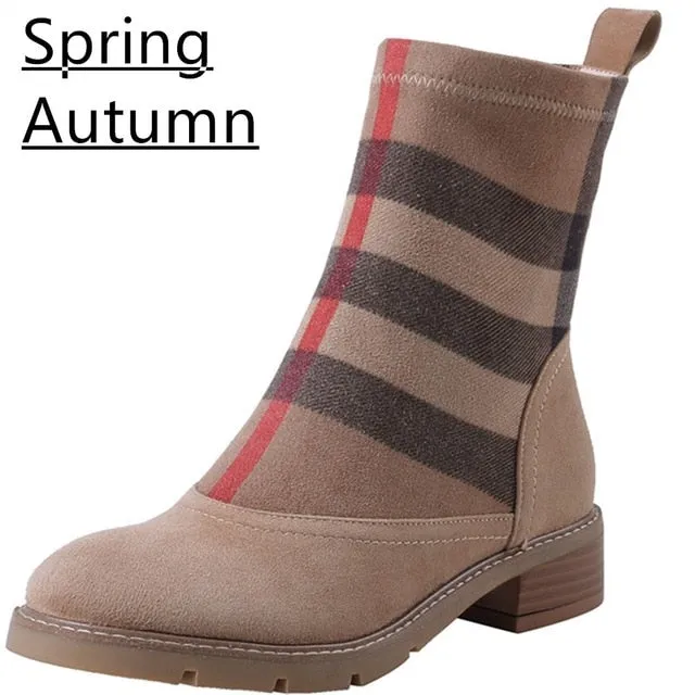 Women Ankle Boots Kid Suede Low Heels 3.5 cm Non Slip Spring Patchwork Platform Striped Lattice Black Female Winter