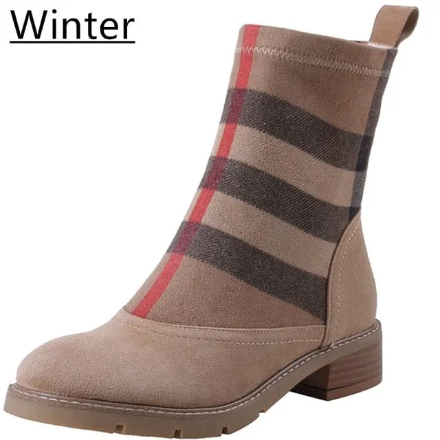 Women Ankle Boots Kid Suede Low Heels 3.5 cm Non Slip Spring Patchwork Platform Striped Lattice Black Female Winter