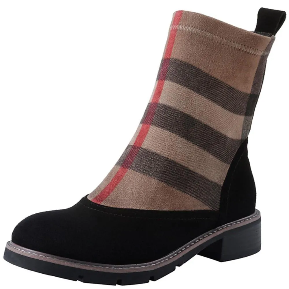 Women Ankle Boots Kid Suede Low Heels 3.5 cm Non Slip Spring Patchwork Platform Striped Lattice Black Female Winter