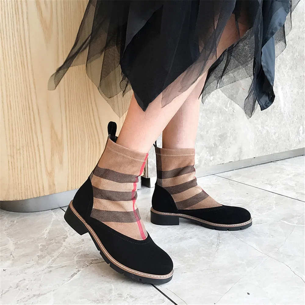 Women Ankle Boots Kid Suede Low Heels 3.5 cm Non Slip Spring Patchwork Platform Striped Lattice Black Female Winter