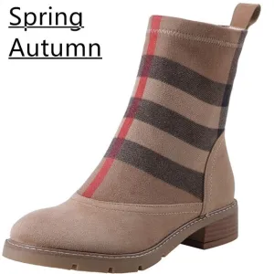 Women Ankle Boots Kid Suede Low Heels 3.5 cm Non Slip Spring Patchwork Platform Striped Lattice Black Female Winter