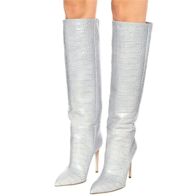 Women Pointy Toe Sexy Knee High Boots Crocodile Print Big Size