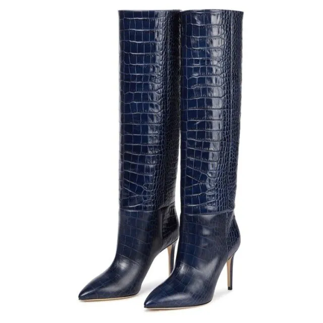 Women Pointy Toe Sexy Knee High Boots Crocodile Print Big Size