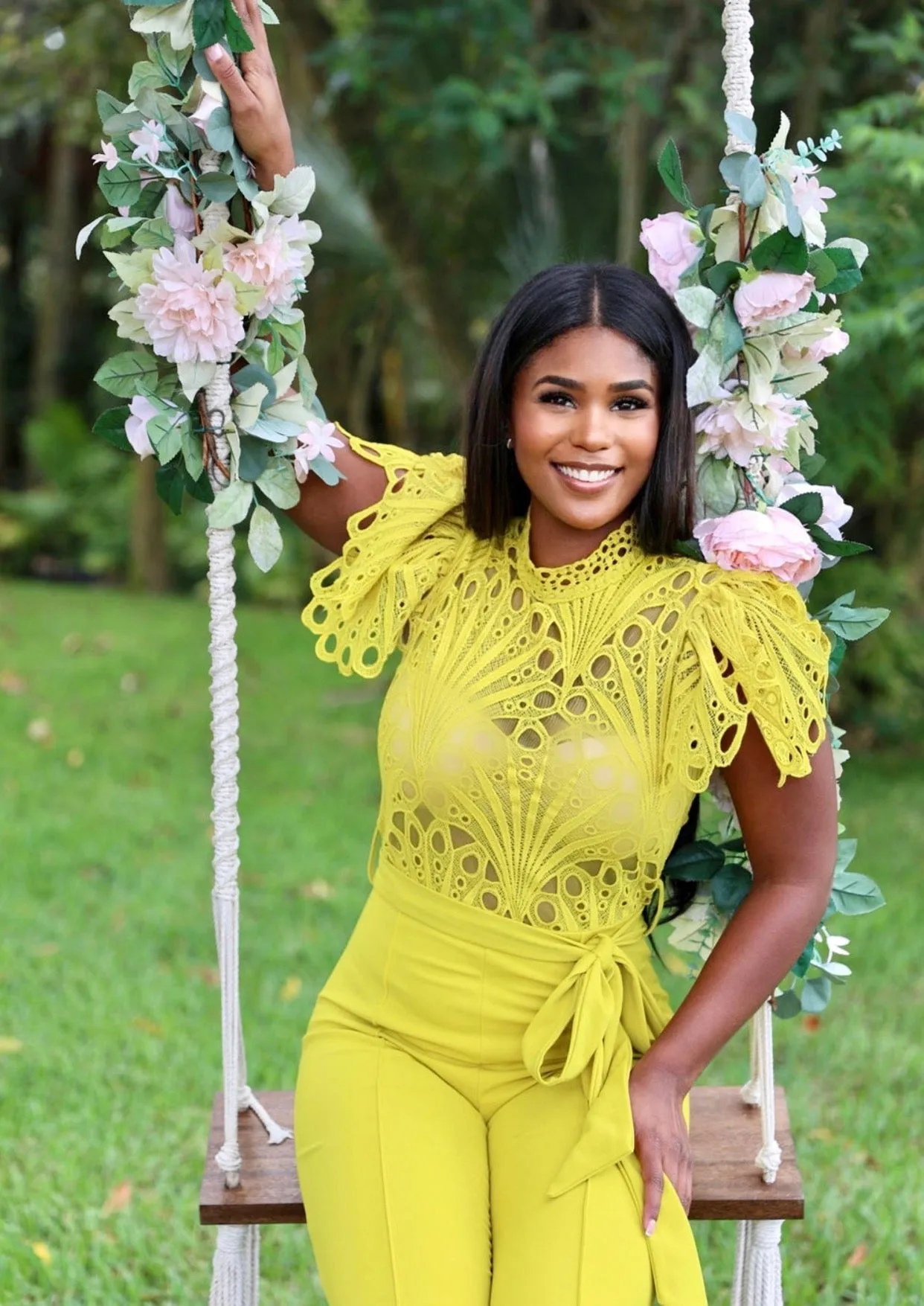 YANET YELLOW LACE HIGH-NECK JUMPSUIT – ELEGANT WIDE-LEG ONE-PIECE FOR SPECIAL OCCASIONS