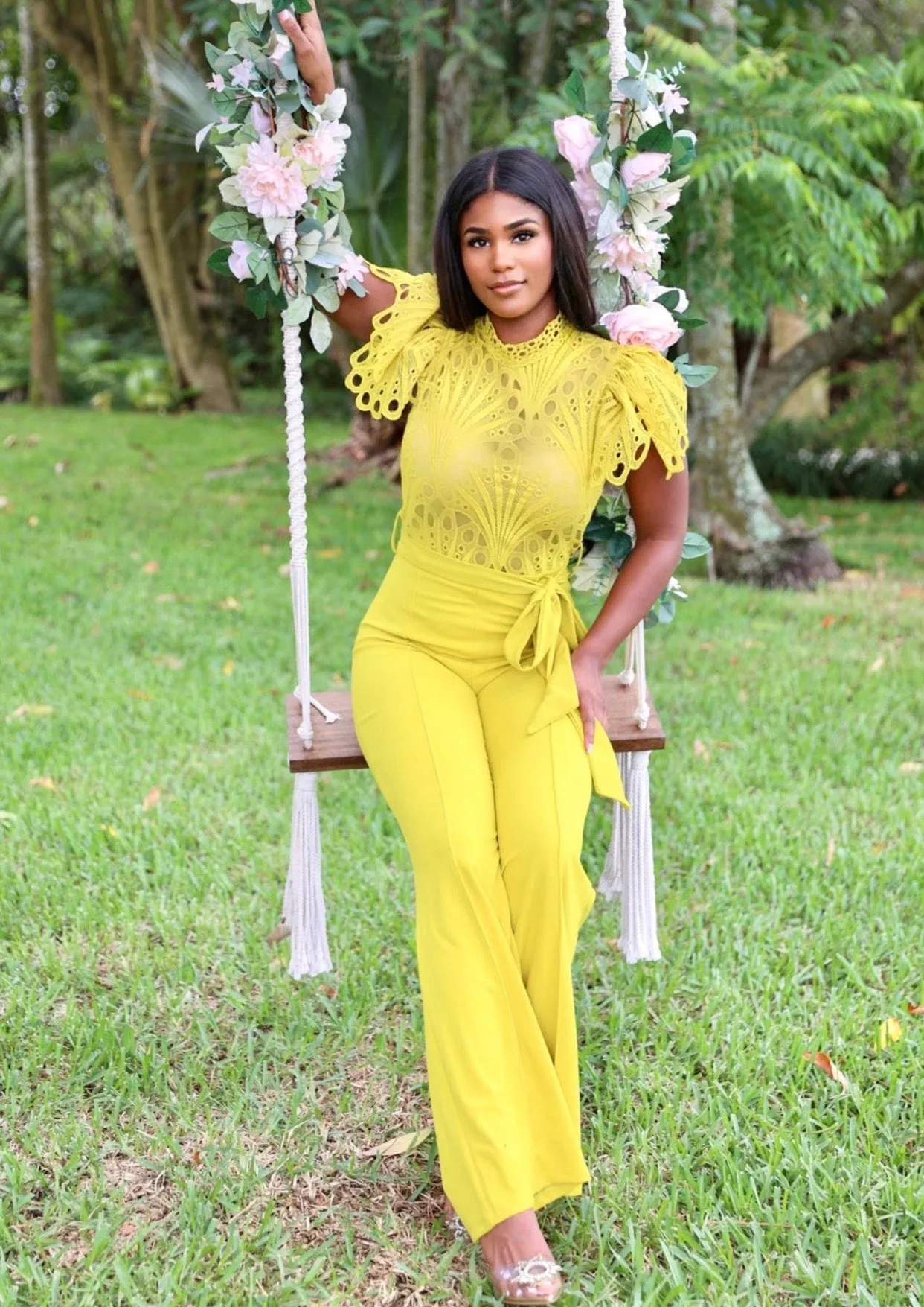 YANET YELLOW LACE HIGH-NECK JUMPSUIT – ELEGANT WIDE-LEG ONE-PIECE FOR SPECIAL OCCASIONS