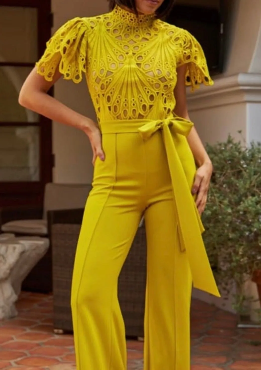 YANET YELLOW LACE HIGH-NECK JUMPSUIT – ELEGANT WIDE-LEG ONE-PIECE FOR SPECIAL OCCASIONS