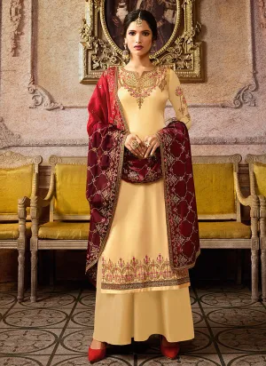 Yellow And Red Embroidered Palazzo Suit