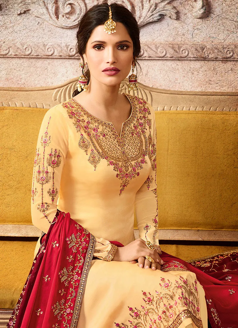 Yellow And Red Embroidered Palazzo Suit