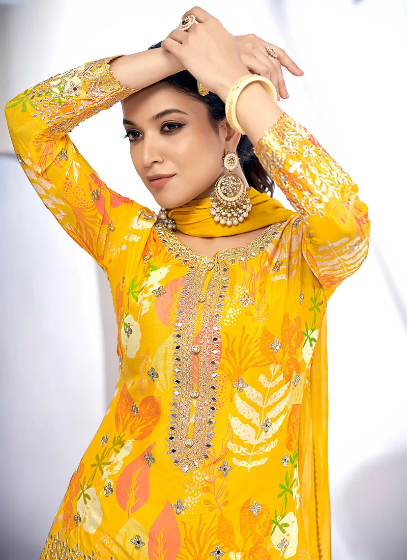 Yellow Golden Mirror Work Embroidery Gharara Suit