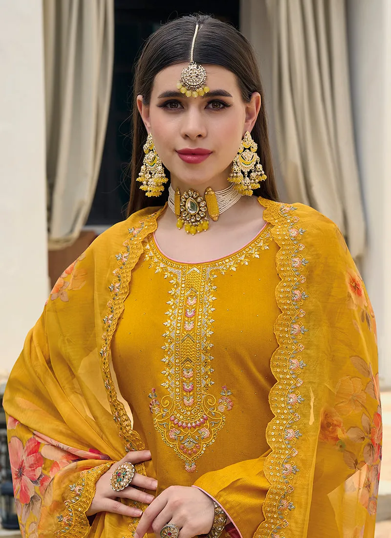 Yellow Multi Embroidery Pakistani Pant Style Suit