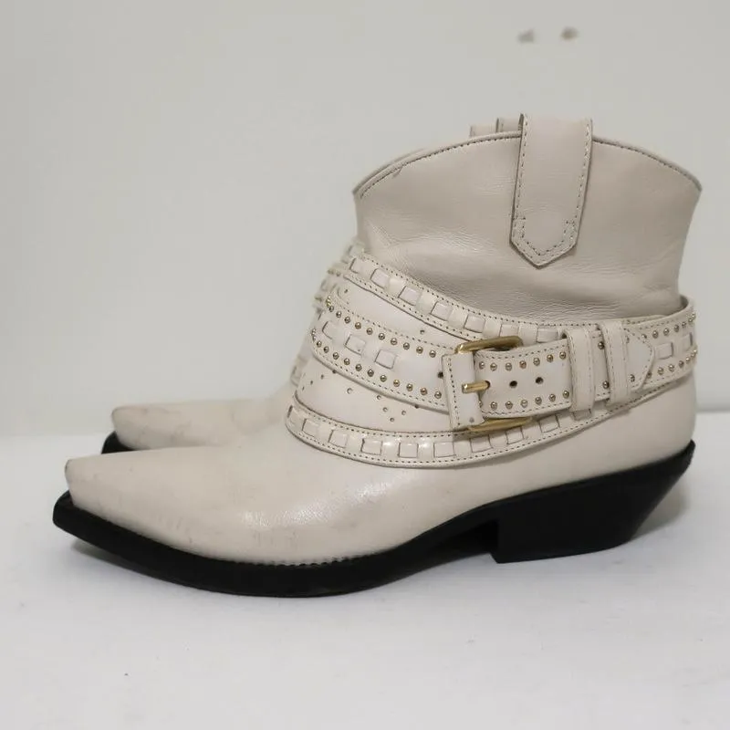 Zimmermann Cowboy Boots Cream Studded Leather Size 38 Western Ankle Boots