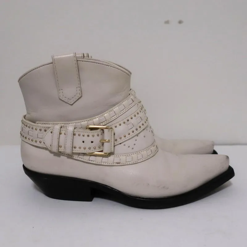 Zimmermann Cowboy Boots Cream Studded Leather Size 38 Western Ankle Boots