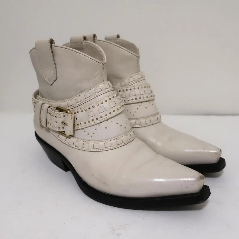 Zimmermann Cowboy Boots Cream Studded Leather Size 38 Western Ankle Boots