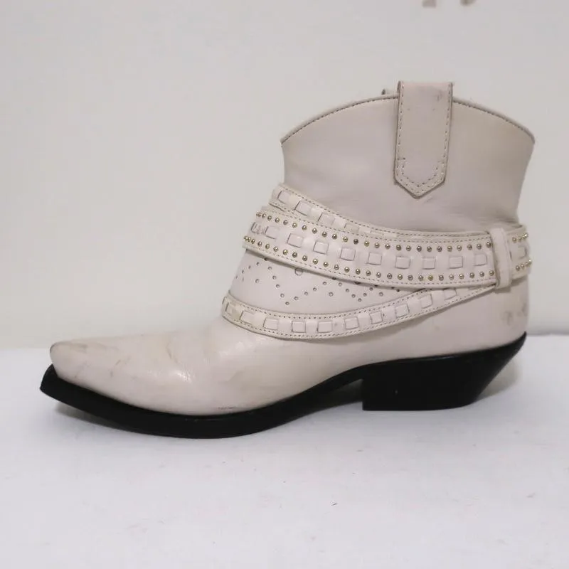 Zimmermann Cowboy Boots Cream Studded Leather Size 38 Western Ankle Boots