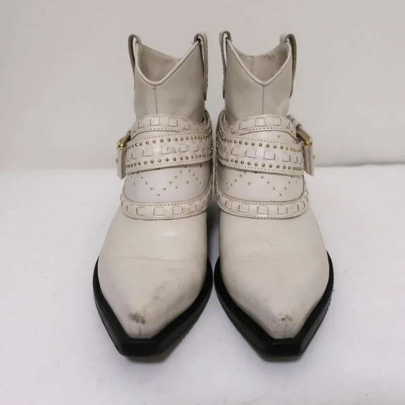 Zimmermann Cowboy Boots Cream Studded Leather Size 38 Western Ankle Boots