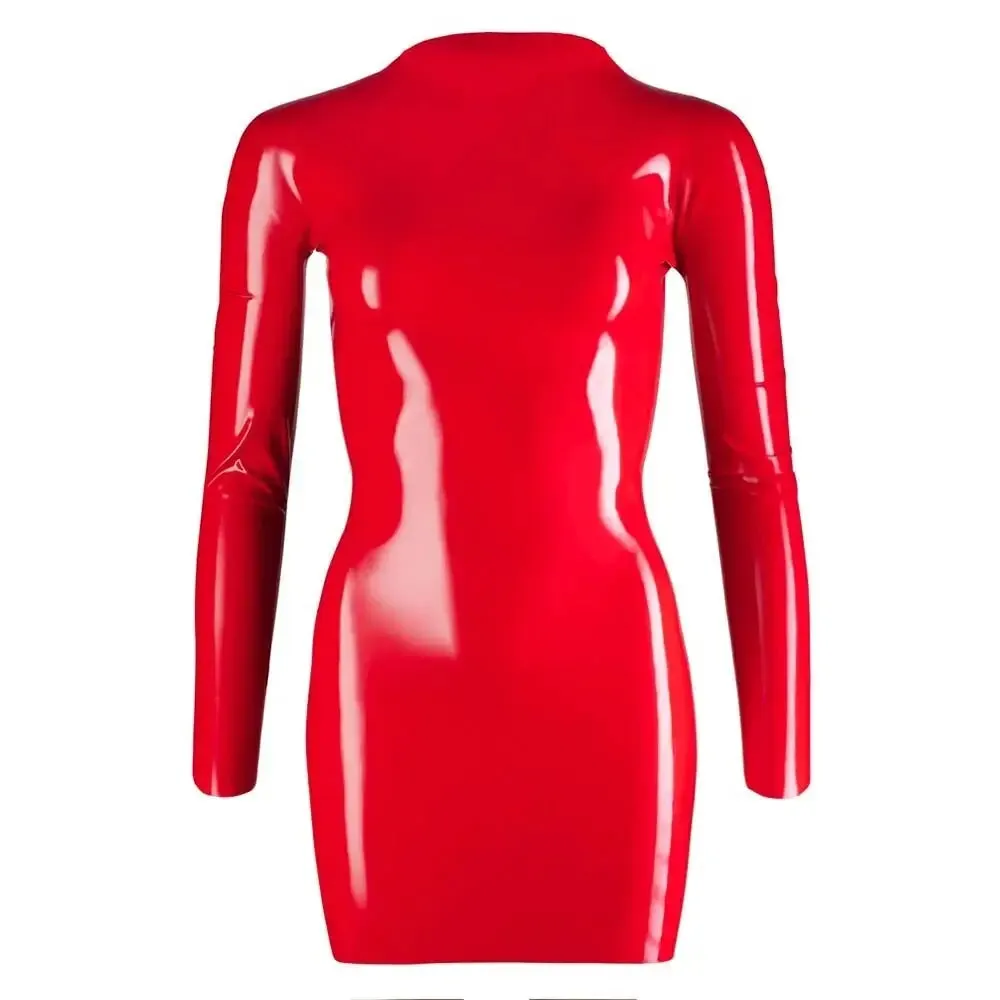 Zip Up Latex Red Mini Dress with Long Sleeves